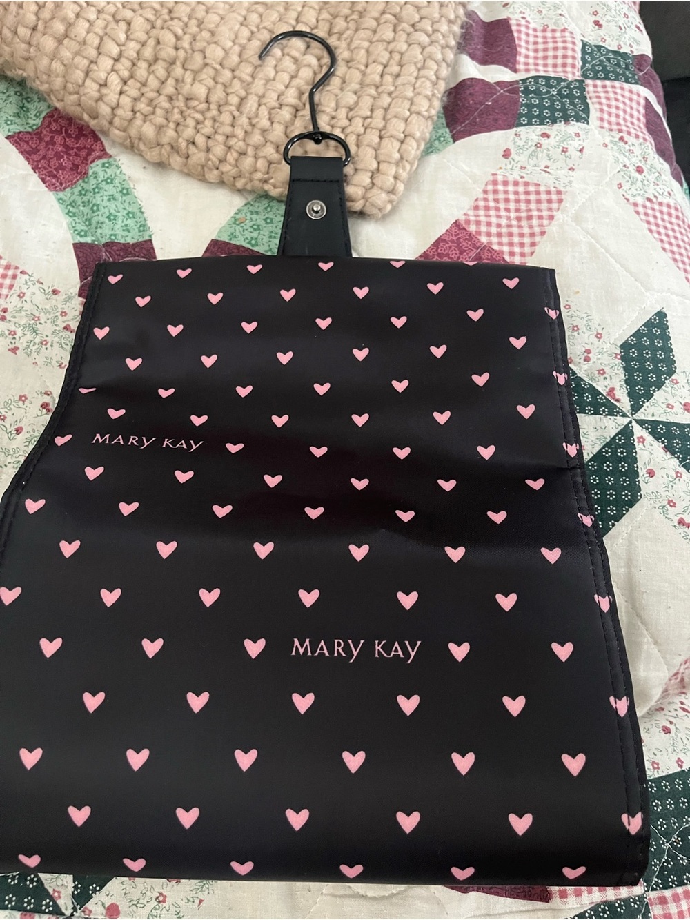 Mary Kay Black Cosmetic Hanging Bag with Pink Heart Print